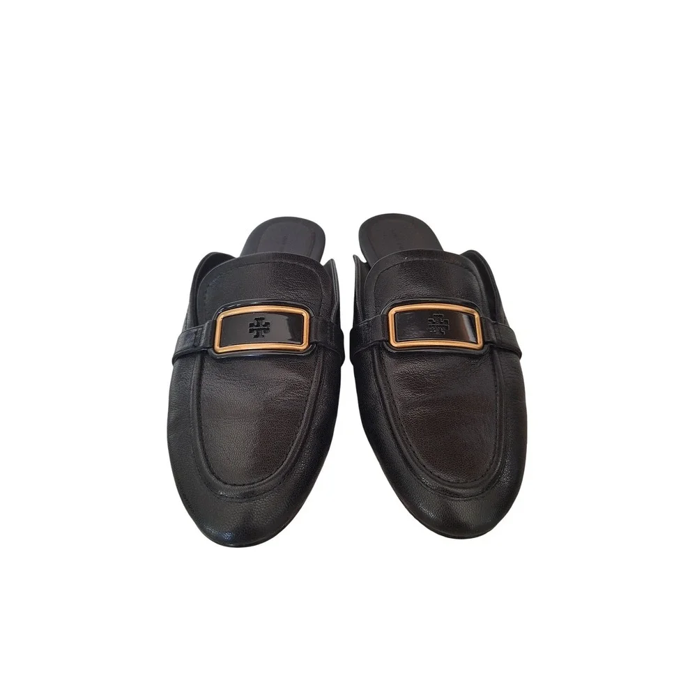 Tory Burch Black Leather Loafers Mules Slides Shoes Size 10.M